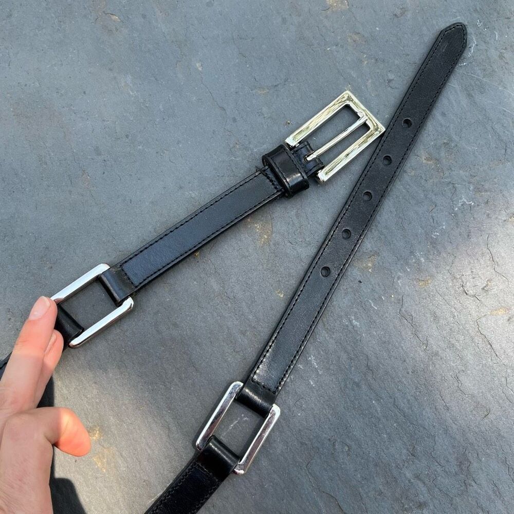 Vintage Eddie Bauer Black Leather Belt L Silver Buckle Link Detail 29–33"